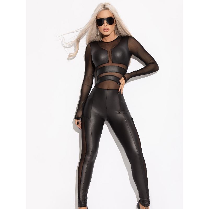 Leather Work Overalls - Krisnanas Leather Jumpsuit Split-Joint Mesh O-Neck
