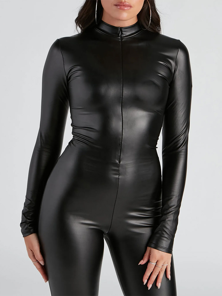 Leather Work Overalls - Women Stretch Matte Faux Leather Jumpsuits