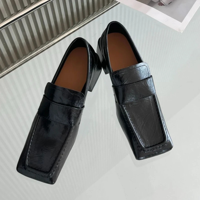 Women Square Toe Chunky Heel D - đánh giá và giá Leather Work Flats Women