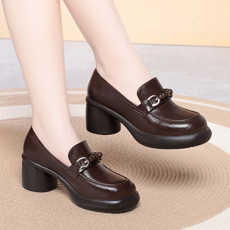 Women Chunky Heel Loafers Bead - đánh giá và giá Leather Work Flats Women