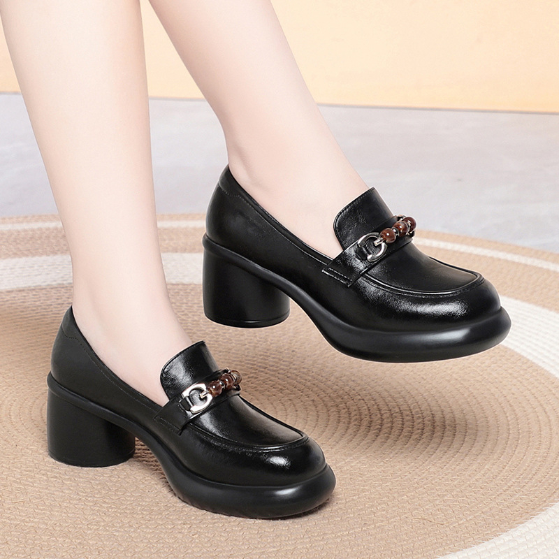Women Chunky Heel Loafers Bead - đánh giá và giá Leather Work Flats Women