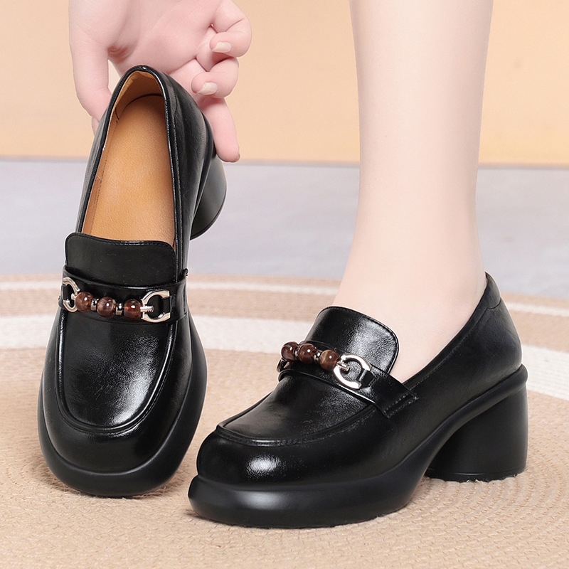 Women Chunky Heel Loafers Bead - đánh giá và giá Leather Work Flats Women
