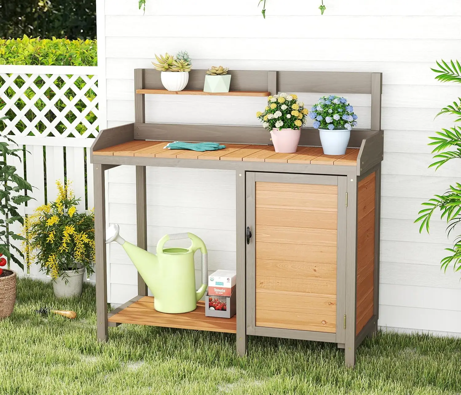 Wooden Potting Bench Table wit - đánh giá và giá Leatherwork Bench